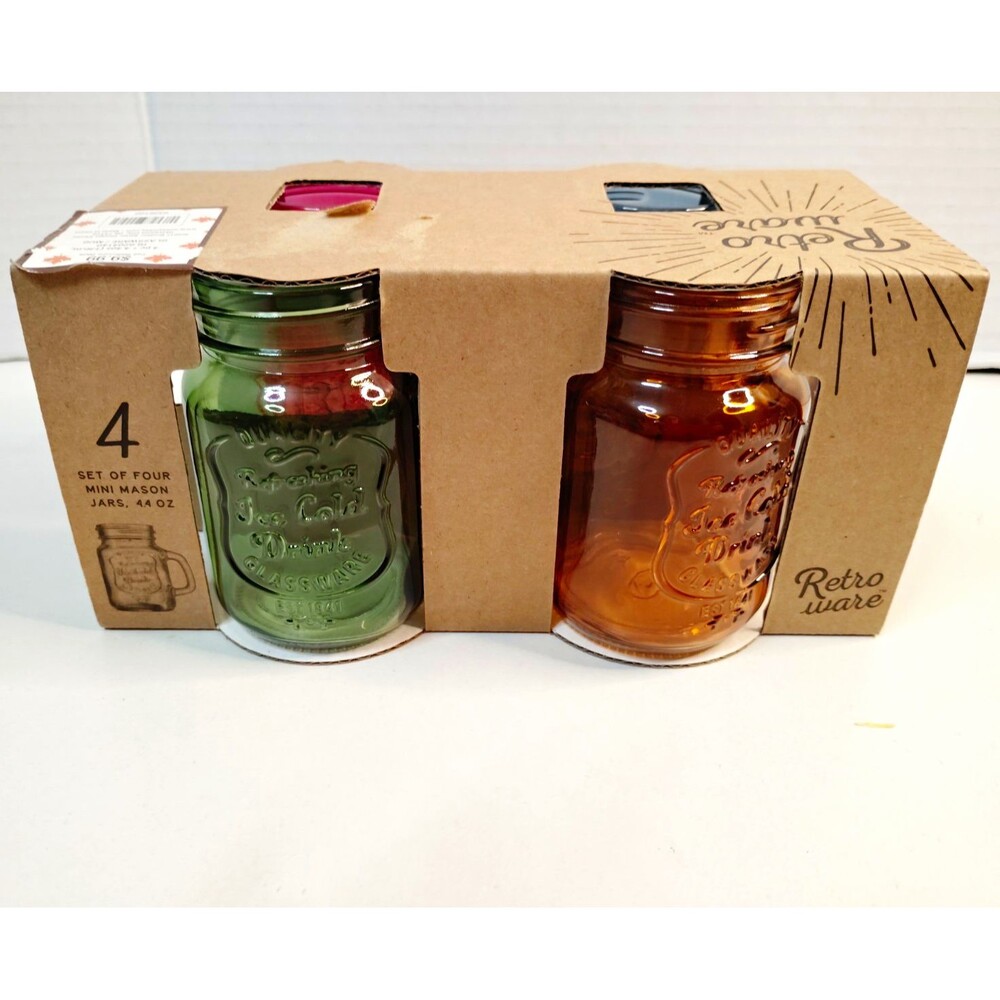 Retro ware Set of 4 Mini Mason Jar Glasses, 4.4 oz, Multi-Color